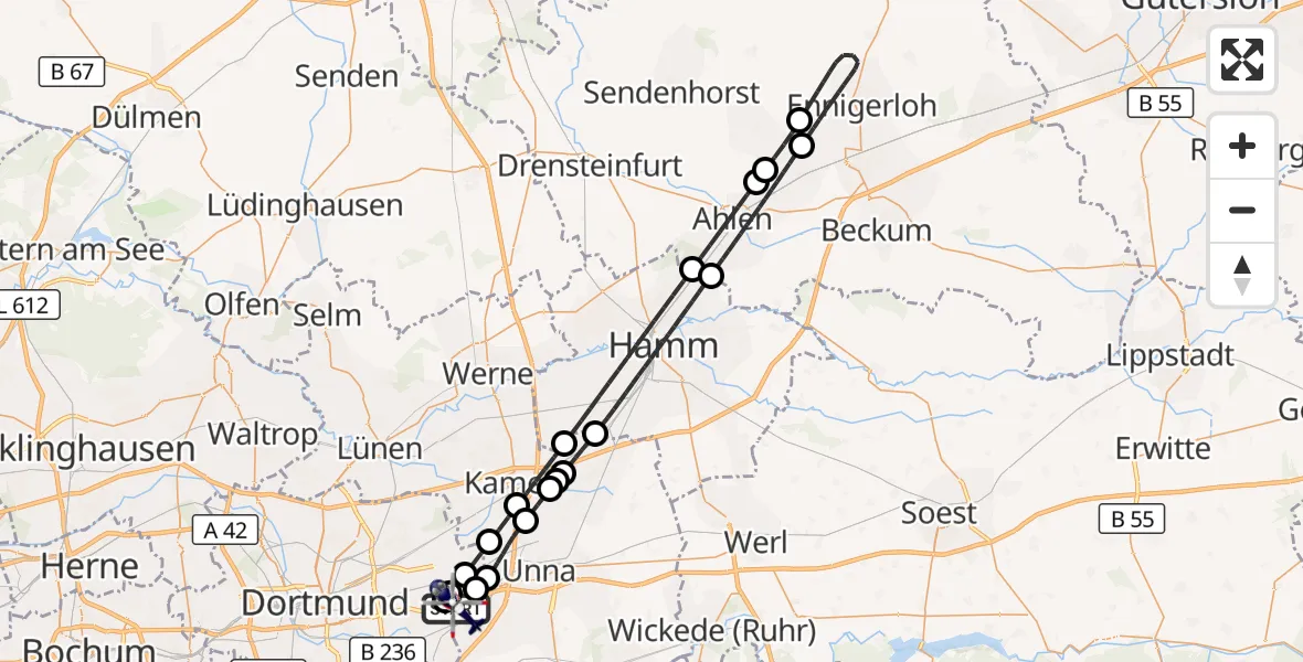Flugroute Polizeihubschrauber Dortmund Flughafen - Dortmund Flughafen, 29 Juli 2026, 01:22