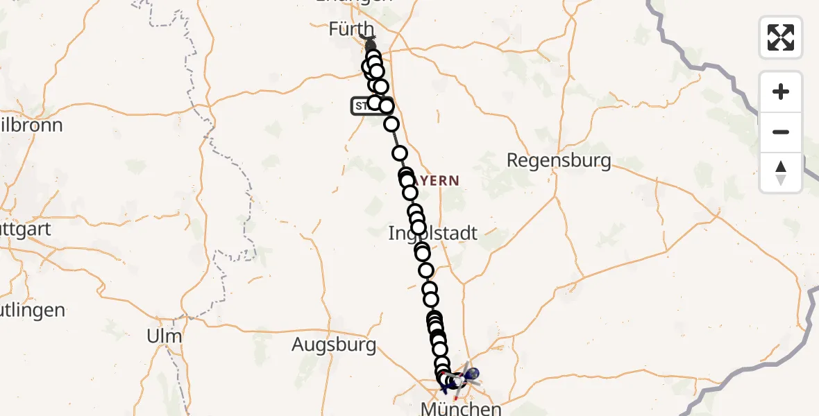 Flugroute Polizeihubschrauber Flugplatz Roth - Oberschleissheim Hubschrauberlandeplatz, 29 Juli 2026, 01:33