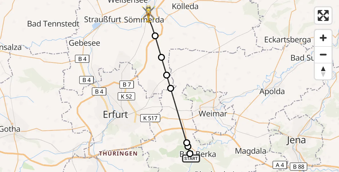 Flugroute Ambulanzhubschrauber Bad Berka Central Hospital - Sömmerda, 29 Juli 2026, 02:39