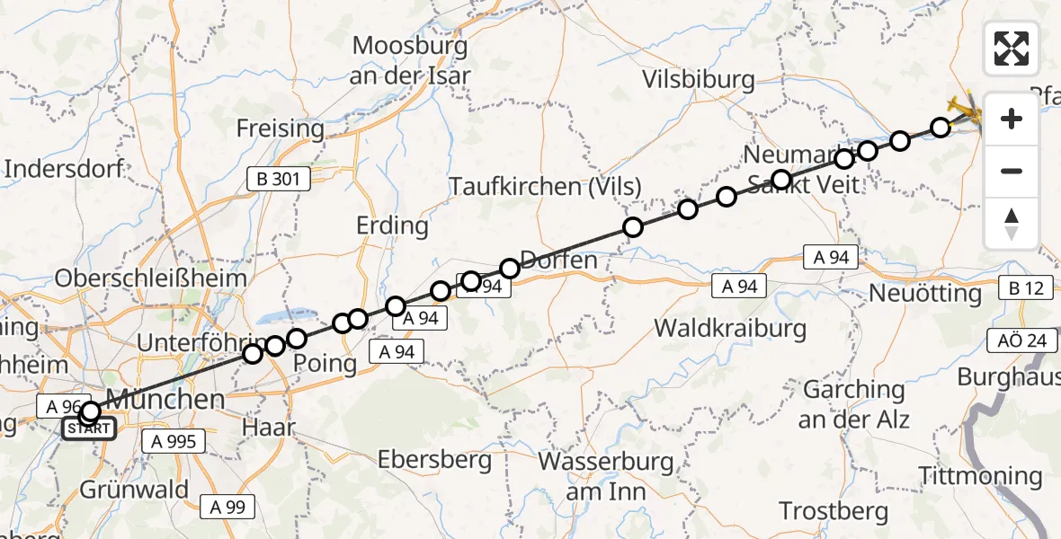 Flugroute Rettungshubschrauber DRF Air Rescue München Hubschrauberlandeplatz - Eggenfelden District Hospital Hubschrauberlandeplatz, 29 Juli 2026, 04:45