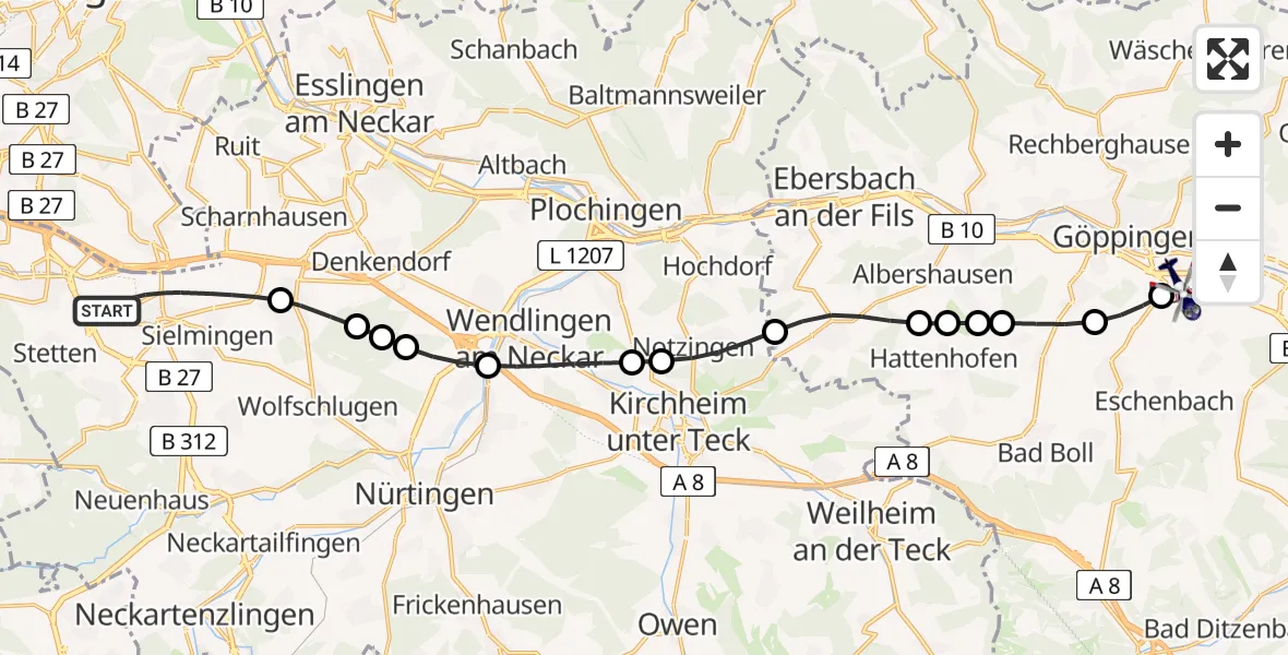 Flugroute Polizeihubschrauber Flughafen Stuttgart - Göppingen, 29 Juli 2026, 05:03
