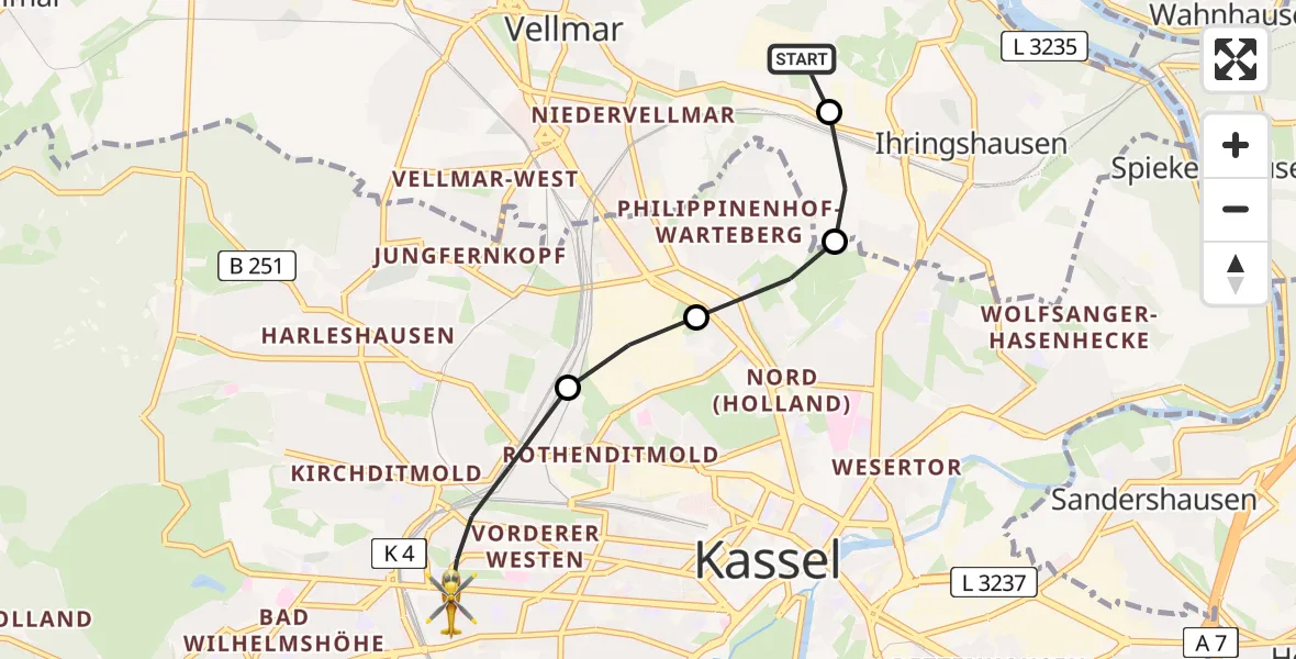 Flugroute Rettungshubschrauber Fuldatal Bundespolizei Hubschrauberlandeplatz - Kassel, 29 Juli 2026, 05:03