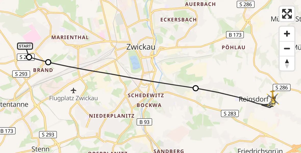 Flugroute Rettungshubschrauber ADAC Air Rescue Station Zwickau Hubschrauberlandeplatz - Reinsdorf, 29 Juli 2026, 05:11