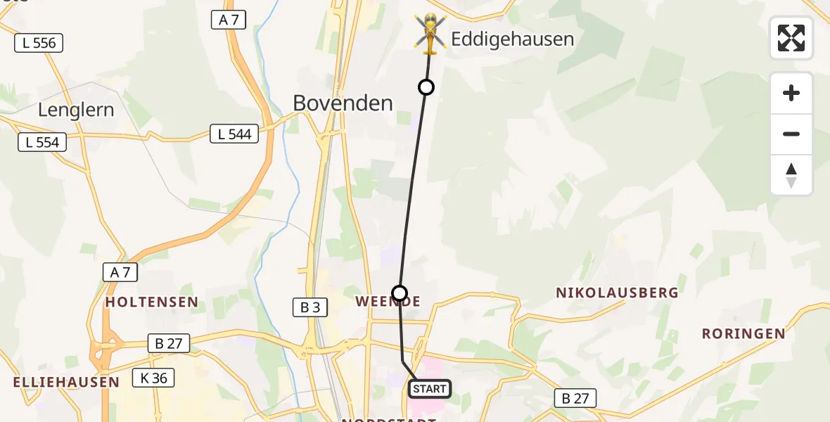 Flugroute Rettungshubschrauber Göttingen University Clinic Hubschrauberlandeplatz - Bovenden, 29 Juli 2026, 05:45