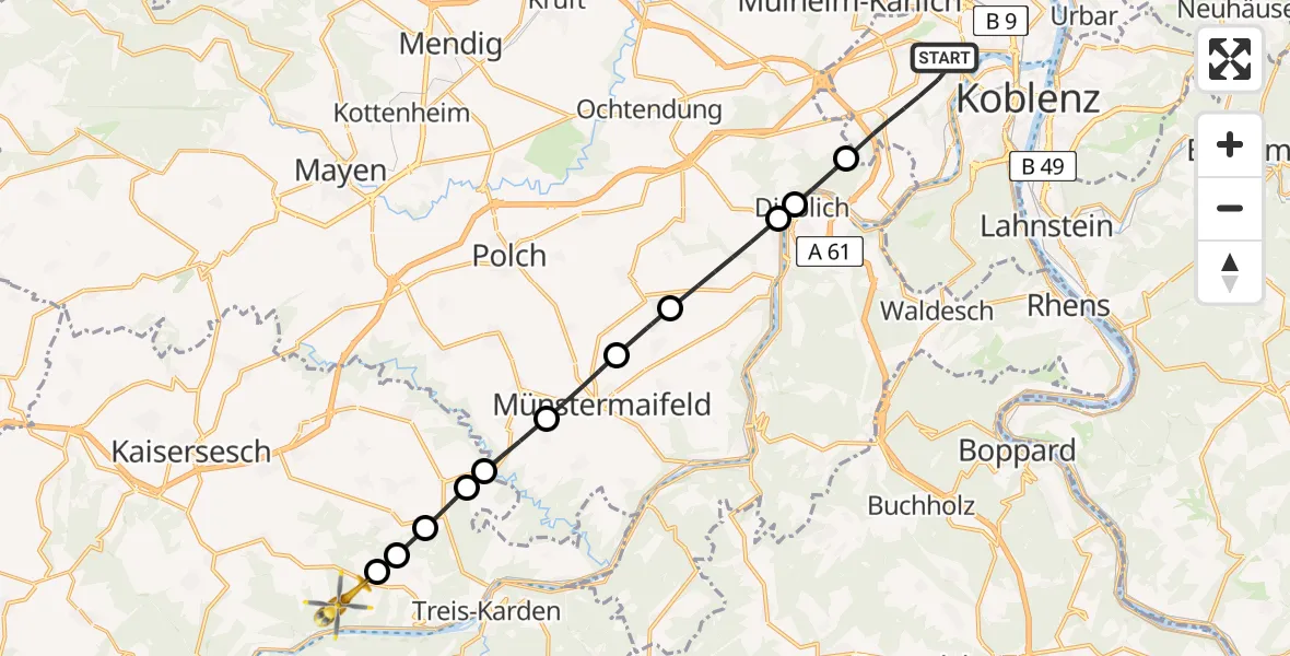 Flugroute Rettungshubschrauber Koblenz - Klotten, 29 Juli 2026, 05:55