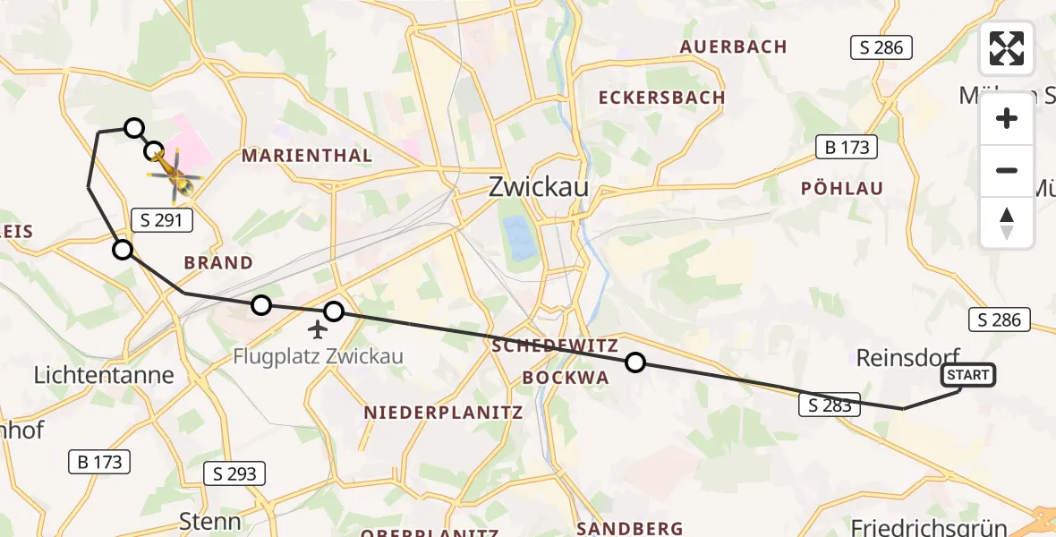 Flugroute Rettungshubschrauber Reinsdorf - ADAC Air Rescue Station Zwickau Hubschrauberlandeplatz, 29 Juli 2026, 06:00