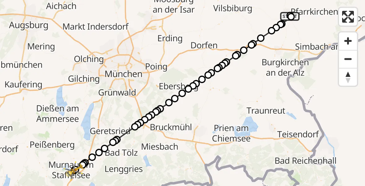 Flugroute Rettungshubschrauber Eggenfelden District Hospital - Murnau a.Staffelsee, 29 Juli 2026, 06:03
