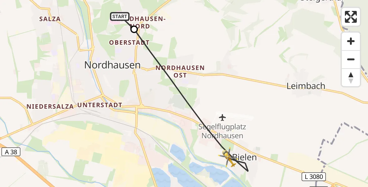 Flugroute Rettungshubschrauber Südharz Hospital Nordhausen - Nordhausen, 29 Juli 2026, 06:17