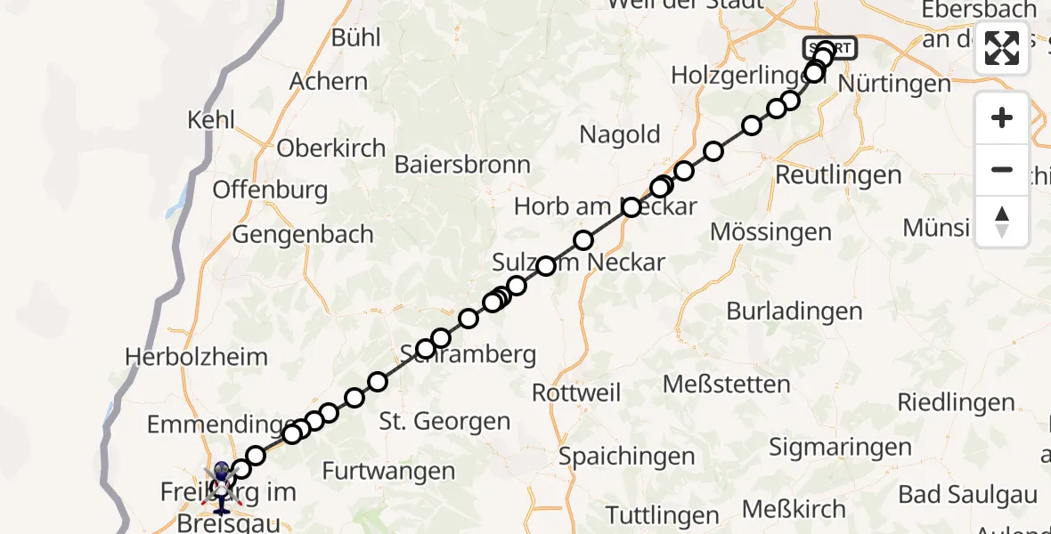 Flugroute Polizeihubschrauber Flughafen Stuttgart - Freiburg im Breisgau Flugplatz, 29 Juli 2026, 06:27