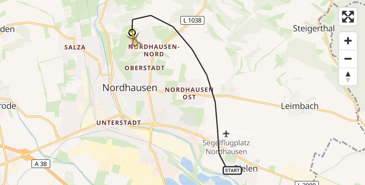 Flugroute Rettungshubschrauber Nordhausen - Südharz Hospital Nordhausen, 29 Juli 2026, 06:44