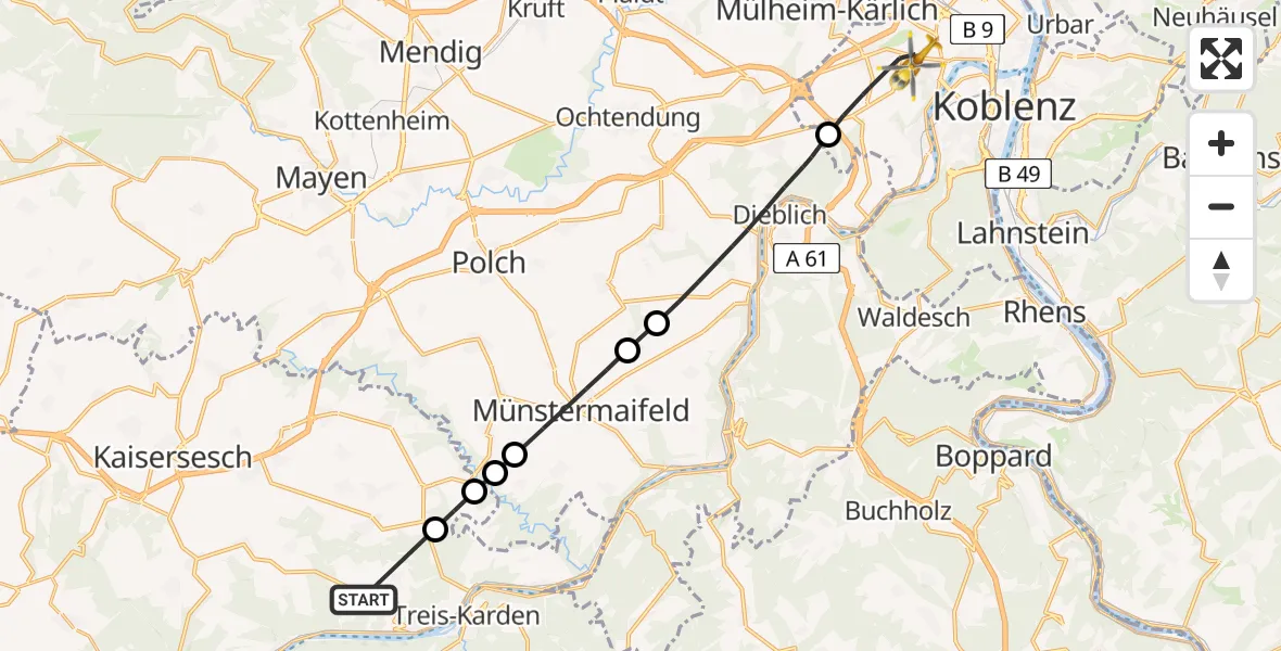 Flugroute Rettungshubschrauber Kail - Koblenz, 29 Juli 2026, 06:45