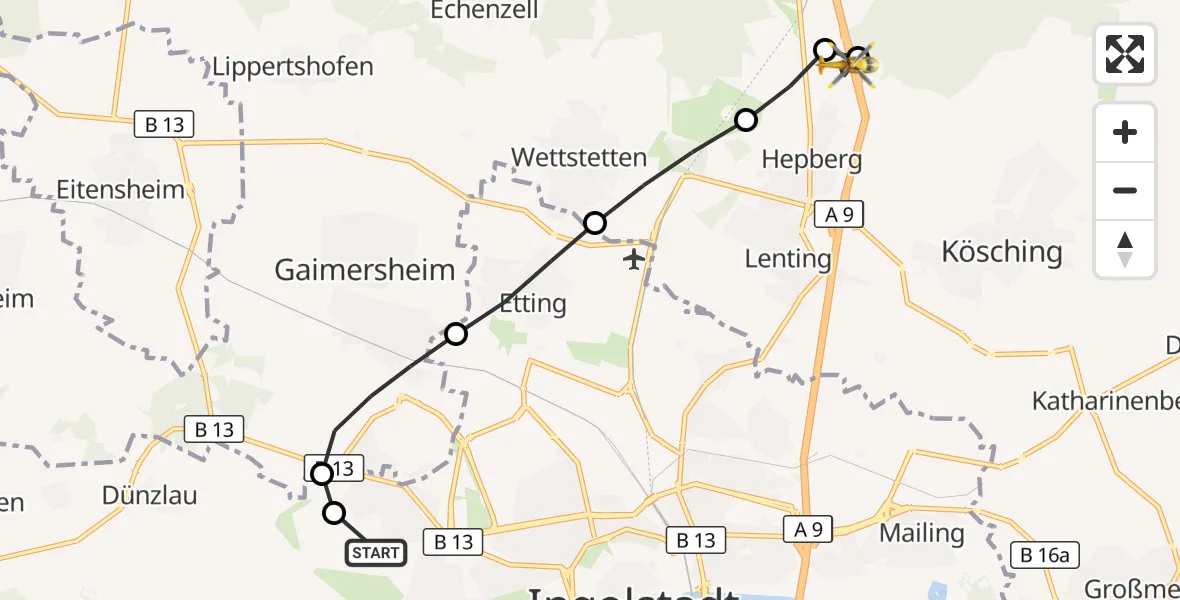 Flugroute Rettungshubschrauber Ingolstadt Hospital - Hepberg, 29 Juli 2026, 06:50