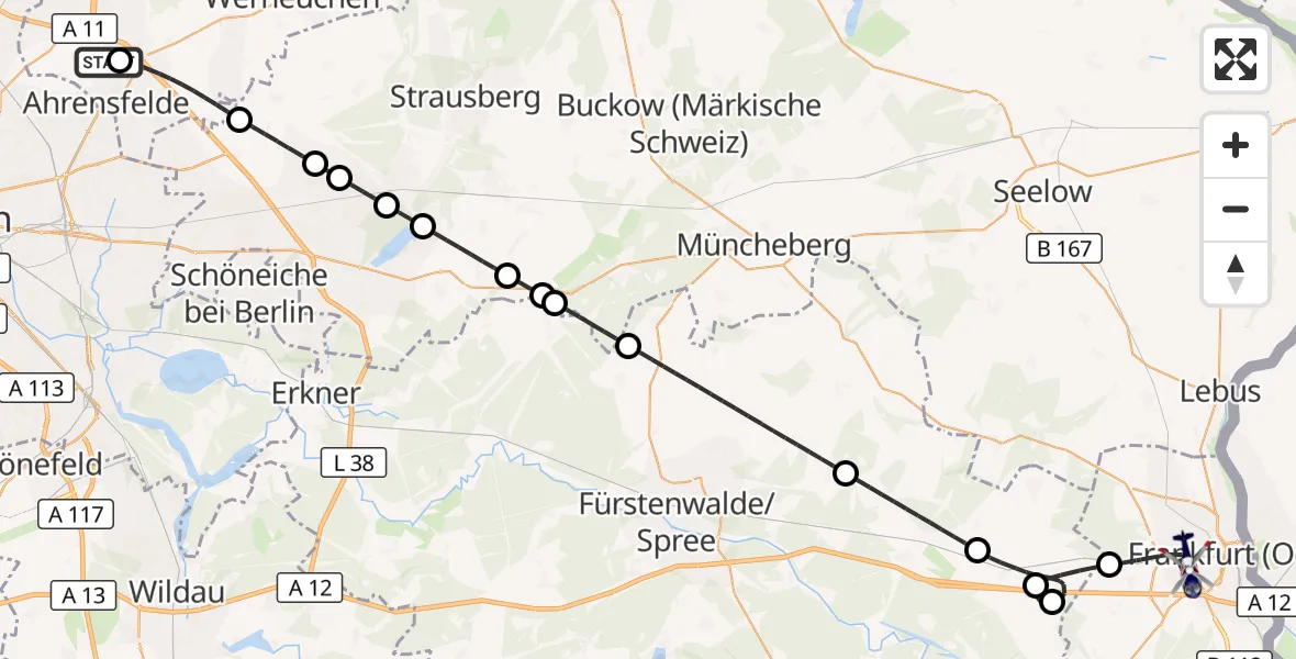 Flugroute Polizeihubschrauber Ahrensfelde Hubschrauberlandeplatz - Frankfurt (Oder), 29 Juli 2026, 07:05