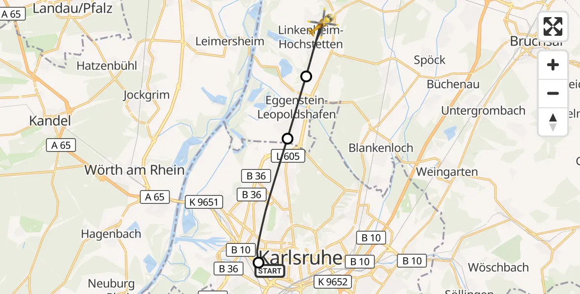 Flugroute Ambulanzhubschrauber Sankt Vincentius Hospital - Linkenheim-Hochstetten, 29 Juli 2026, 07:11