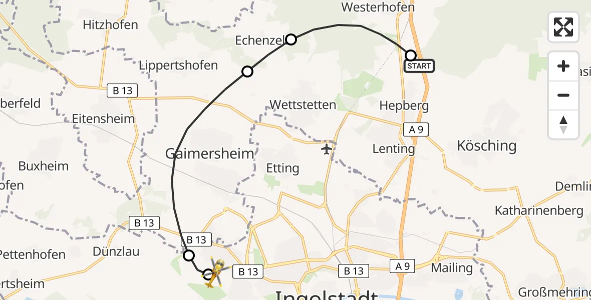 Flugroute Rettungshubschrauber Hepberg - Ingolstadt Hospital, 29 Juli 2026, 07:18