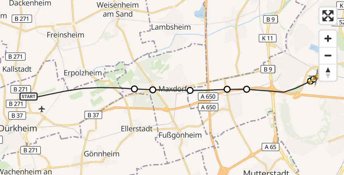 Flugroute Rettungshubschrauber Bad Dürkheim - Ludwigshafen Accident Hospital, 29 Juli 2026, 07:20