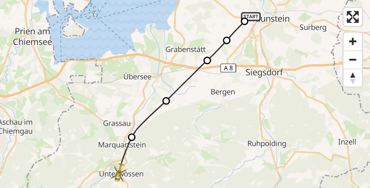Flugroute Rettungshubschrauber Traunstein Hospital - Unterwössen, 29 Juli 2026, 07:22