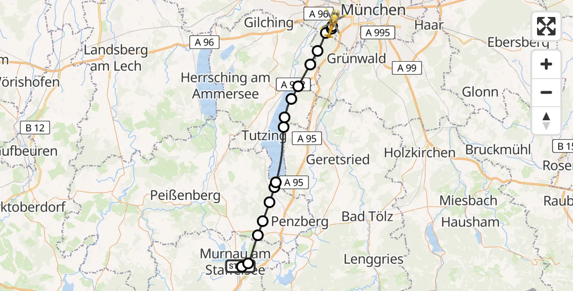 Flugroute Rettungshubschrauber Murnau Accident Hospital - DRF Air Rescue München Hubschrauberlandeplatz, 29 Juli 2026, 07:27