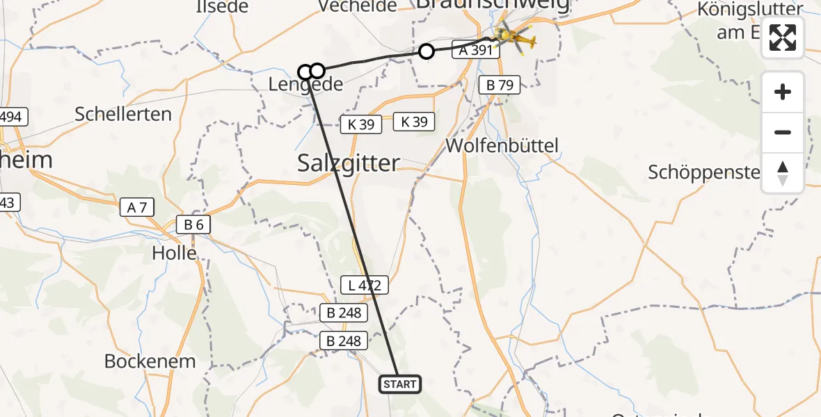 Flugroute Rettungshubschrauber Liebenburg - Braunschweig, 29 Juli 2026, 07:28