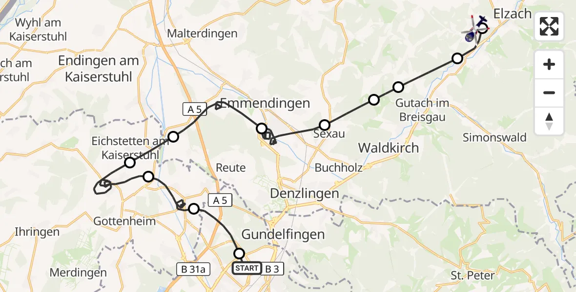 Flugroute Polizeihubschrauber Freiburg im Breisgau Flugplatz - Winden im Elztal, 29 Juli 2026, 07:34