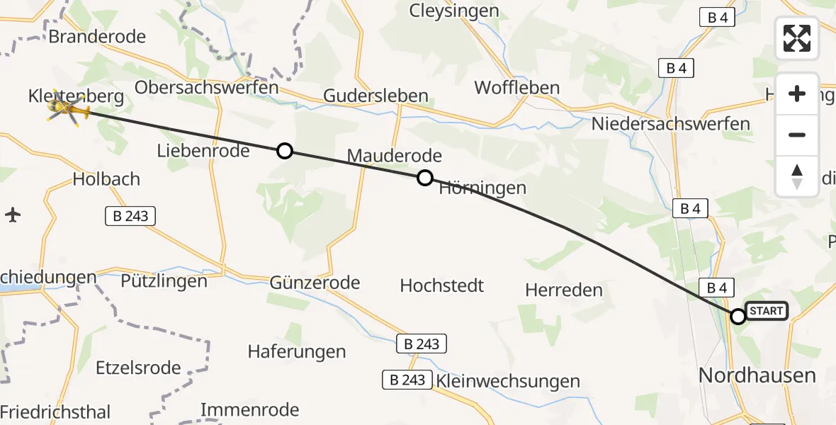 Flugroute Rettungshubschrauber Südharz Hospital Nordhausen - Hohenstein, 29 Juli 2026, 07:46
