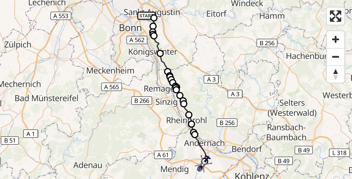 Flugroute Polizeihubschrauber Bonn-Hangelar Flugplatz - Plaidt, 29 Juli 2026, 07:52