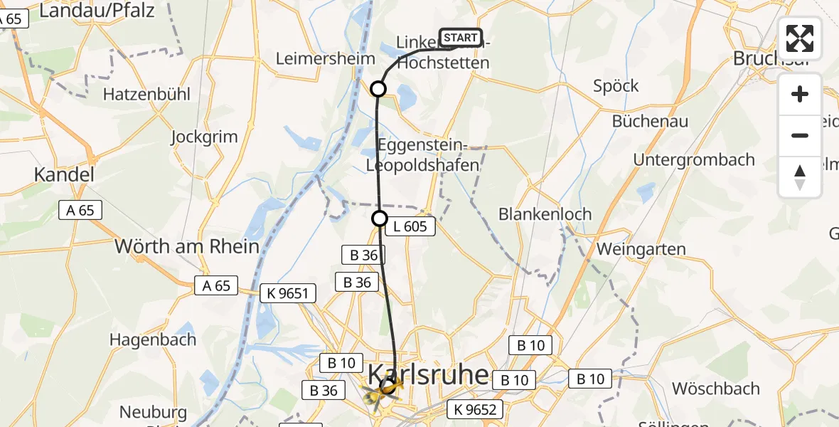 Flugroute Ambulanzhubschrauber Linkenheim-Hochstetten - Sankt Vincentius Hospital, 29 Juli 2026, 07:56