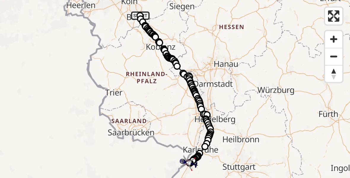 Flugroute Polizeihubschrauber Sankt Augustin - Iffezheim, 29 Juli 2026, 07:56