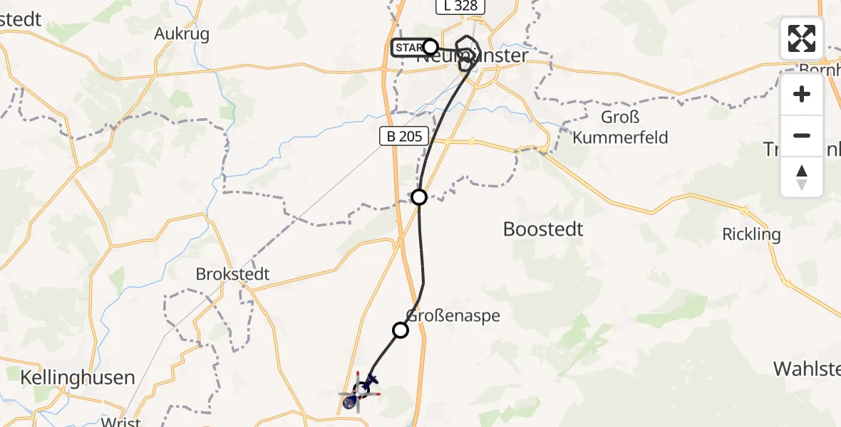 Flugroute Polizeihubschrauber Neumünster Flughafen - Bad Bramstedt Hubschrauberlandeplatz, 29 Juli 2026, 07:58