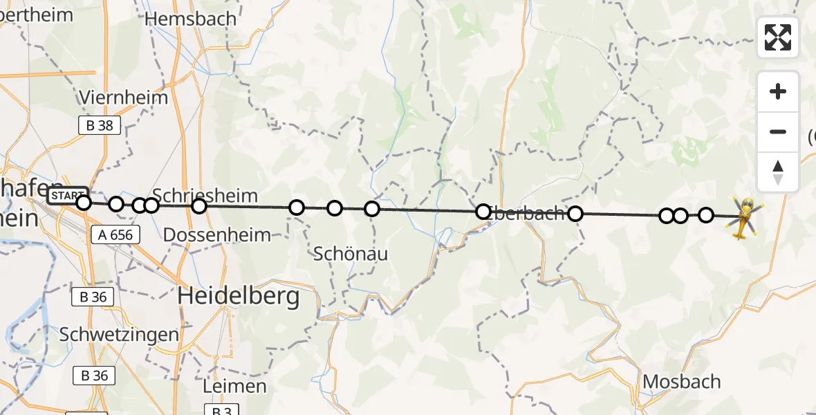 Flugroute Rettungshubschrauber Mannheim-City Flughafen - Limbach, 29 Juli 2026, 08:00