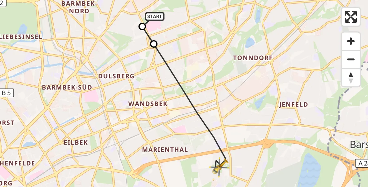 Flugroute Rettungshubschrauber Hamburg Military Hospital - Hamburg, 29 Juli 2026, 08:09