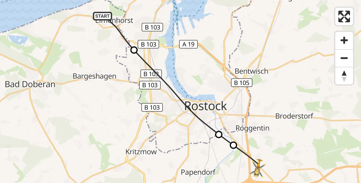 Flugroute Ambulanzhubschrauber Elmenhorst/Lichtenhagen - Dummerstorf, 29 Juli 2026, 08:11
