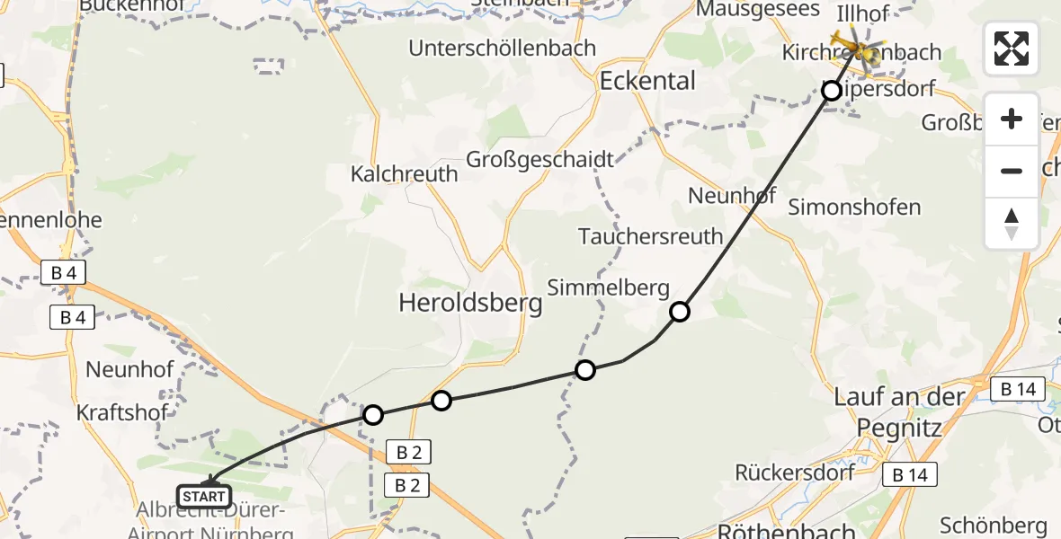 Flugroute Ambulanzhubschrauber Flughafen Nuremberg - Eckental, 29 Juli 2026, 08:11