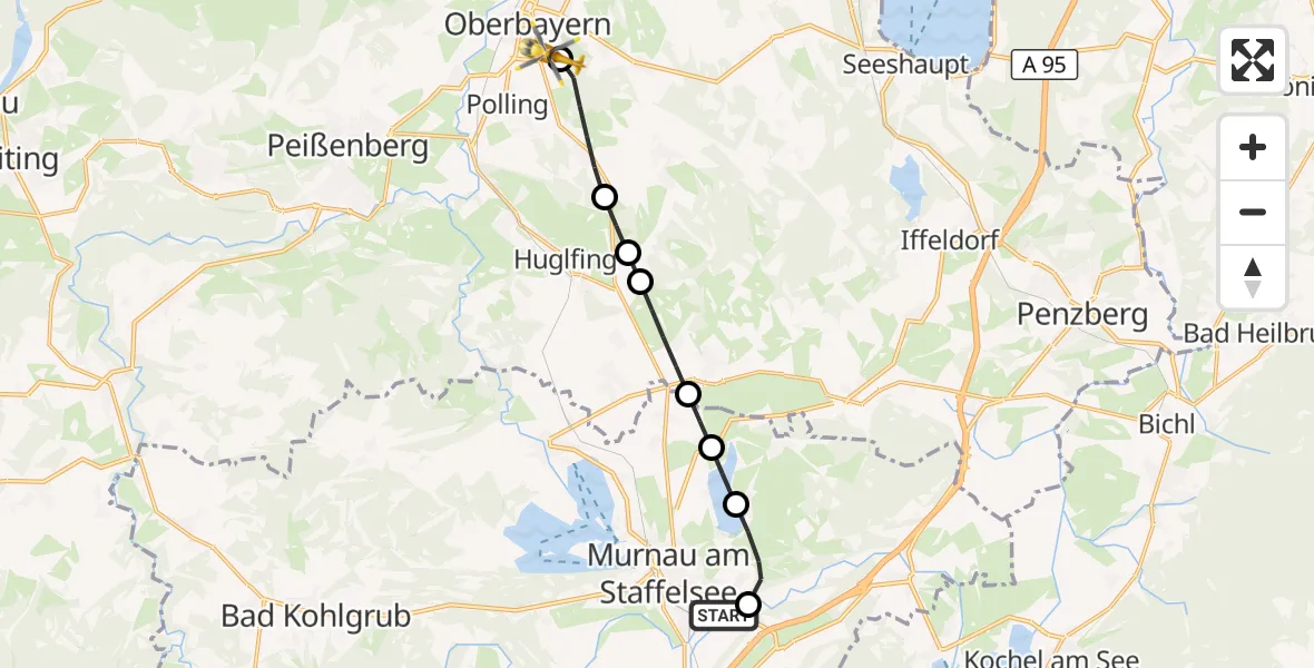 Flugroute Rettungshubschrauber Murnau a.Staffelsee - Weilheim i.OB, 29 Juli 2026, 08:23