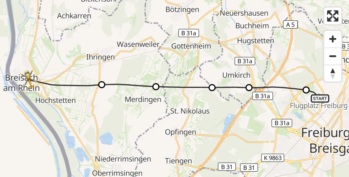 Flugroute Ambulanzhubschrauber Freiburg im Breisgau Flugplatz - Breisach am Rhein, 29 Juli 2026, 08:24