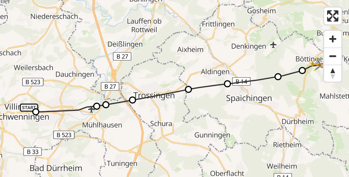 Flugroute Ambulanzhubschrauber DRF Air Rescue Station Villingen-Schwenningen Hubschrauberlandeplatz (Christoph 11) - Böttingen, 29 Juli 2026, 08:33