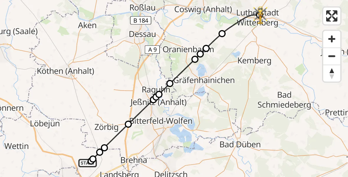 Flugroute Rettungshubschrauber Halle-Oppin Flugplatz - Paul-Gerhardt-Stift Evangelical Hospital, 29 Juli 2026, 08:35
