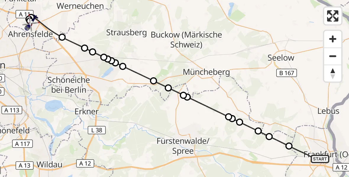 Flugroute Polizeihubschrauber Frankfurt (Oder) - Ahrensfelde Hubschrauberlandeplatz, 29 Juli 2026, 08:37