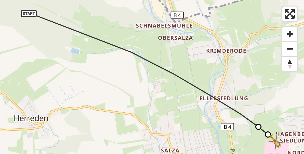 Flugroute Rettungshubschrauber Nordhausen - Südharz Hospital Nordhausen, 29 Juli 2026, 08:43