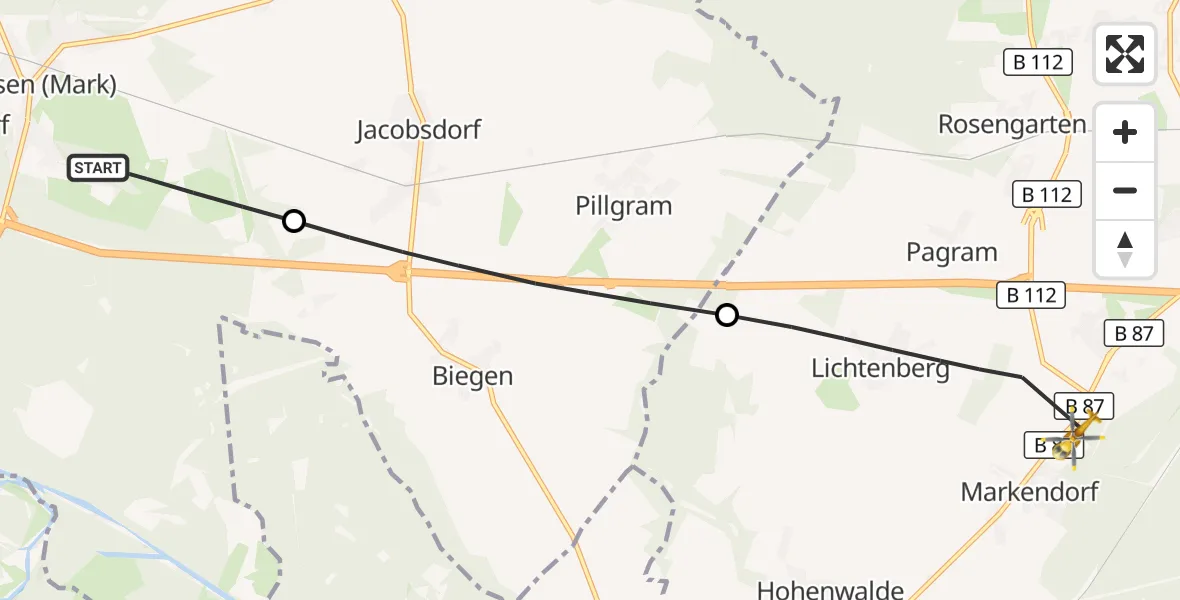 Flugroute Rettungshubschrauber Briesen (Mark) - Frankfurt (Oder), 29 Juli 2026, 08:44