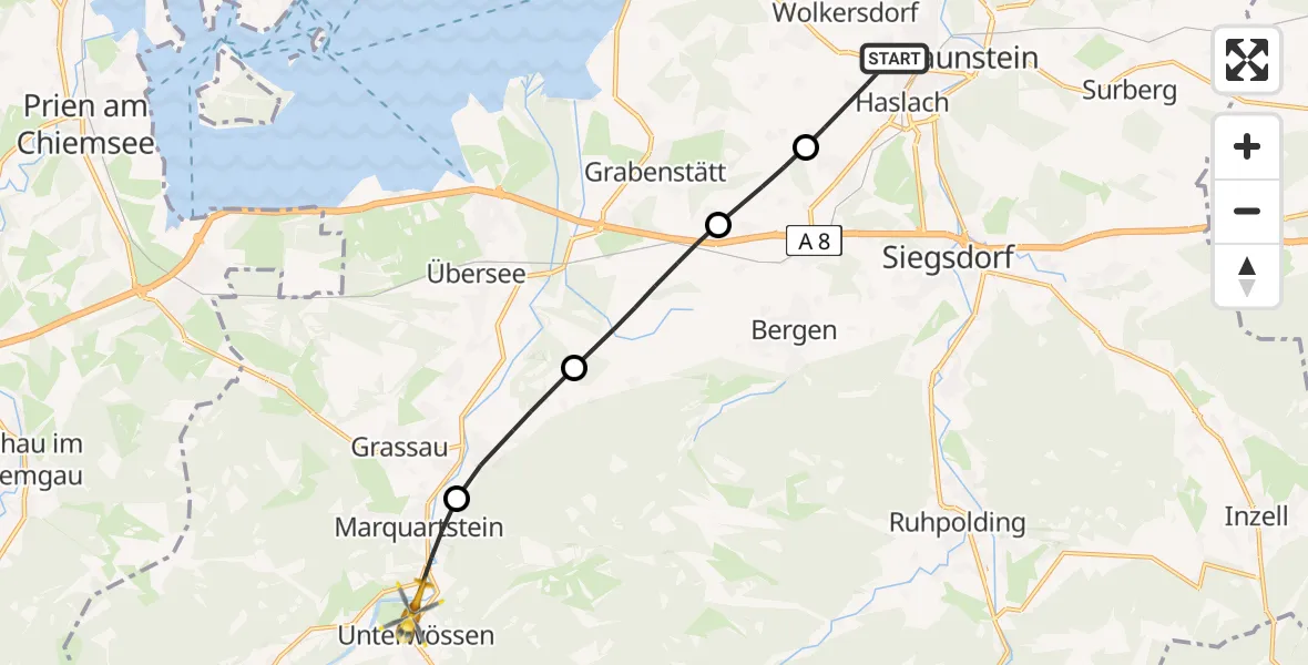 Flugroute Rettungshubschrauber Traunstein - Unterwössen, 29 Juli 2026, 08:45