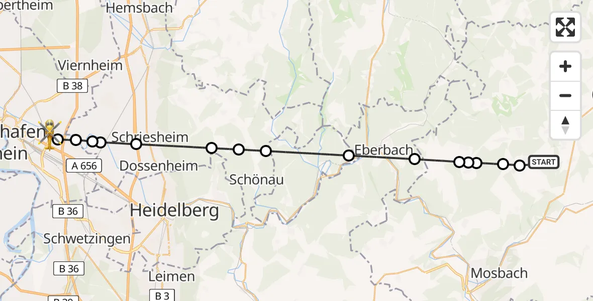 Flugroute Rettungshubschrauber Limbach - Mannheim-City Flughafen, 29 Juli 2026, 08:46