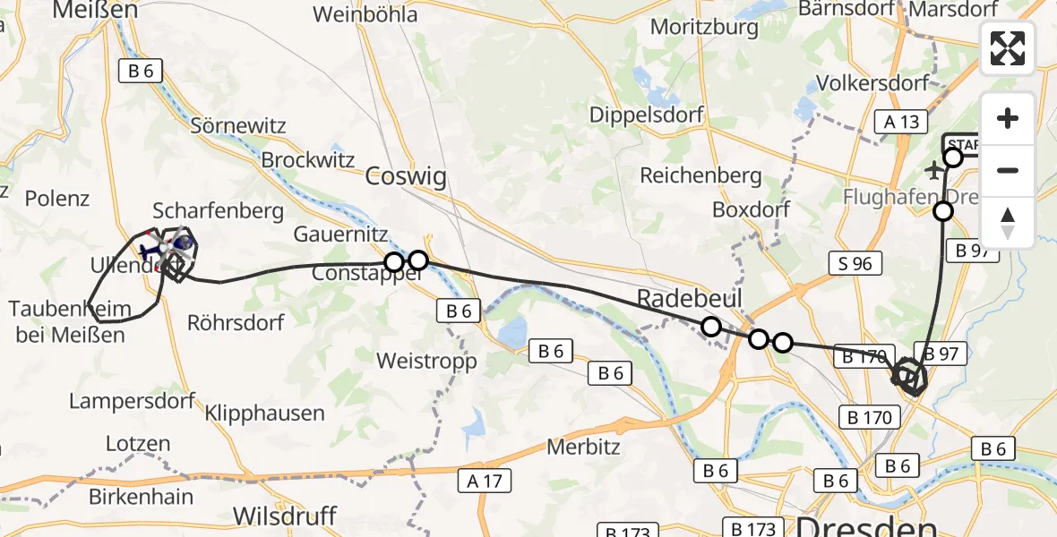 Flugroute Polizeihubschrauber Dresden Bundespolizei Hubschrauberlandeplatz - Klipphausen, 29 Juli 2026, 08:48
