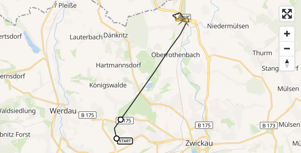 Flugroute Rettungshubschrauber ADAC Air Rescue Station Zwickau Hubschrauberlandeplatz - Zwickau, 29 Juli 2026, 08:49