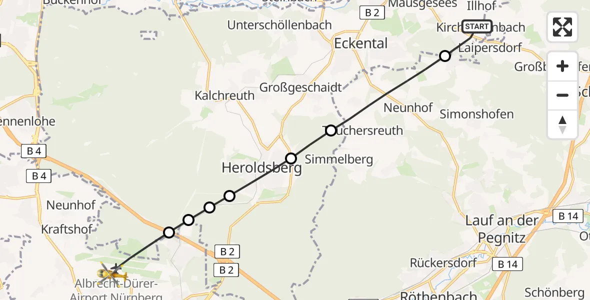 Flugroute Ambulanzhubschrauber Eckental - Flughafen Nuremberg, 29 Juli 2026, 08:49
