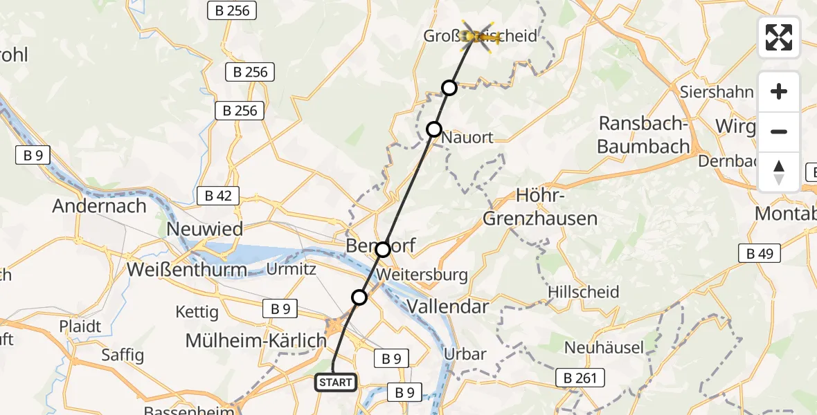 Flugroute Rettungshubschrauber Koblenz - Großmaischeid, 29 Juli 2026, 08:52