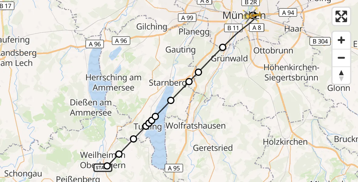 Flugroute Rettungshubschrauber Weilheim Rettungshubschrauberlandeplatz - Rechts der Isar University Hospital, 29 Juli 2026, 08:55