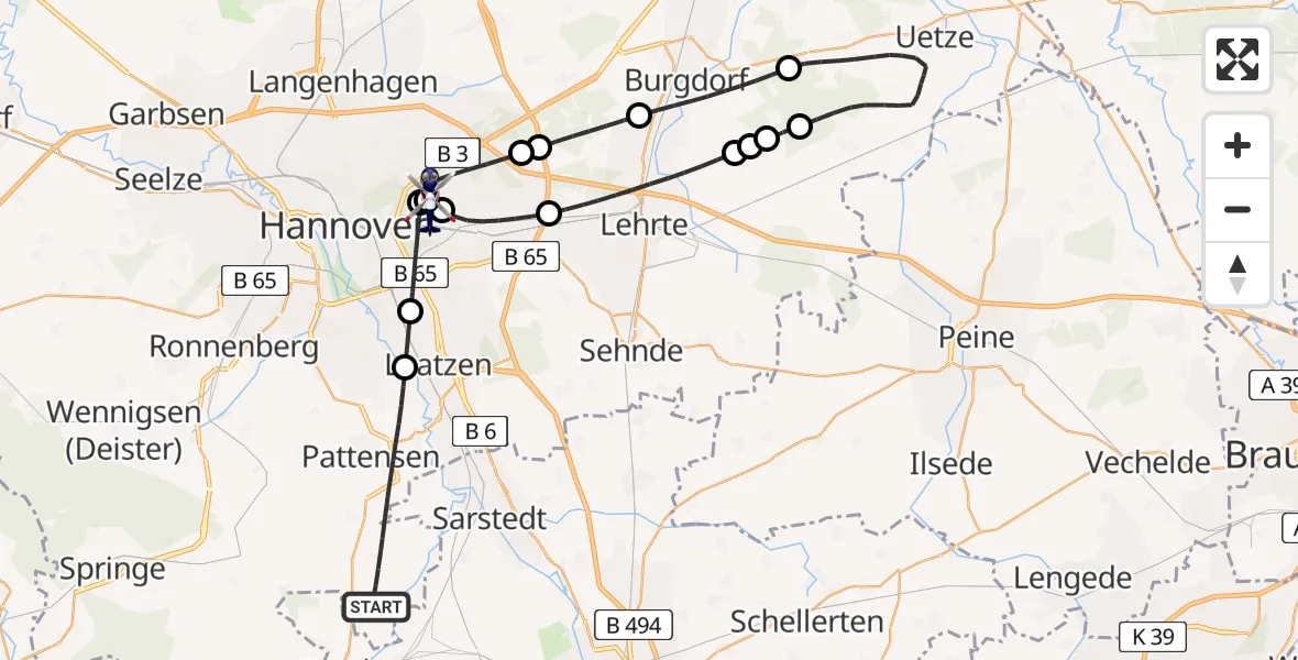 Flugroute Polizeihubschrauber Pattensen - Hannover Luftrettung Hubschrauberlandeplatz (Christoph 4), 29 Juli 2026, 09:03