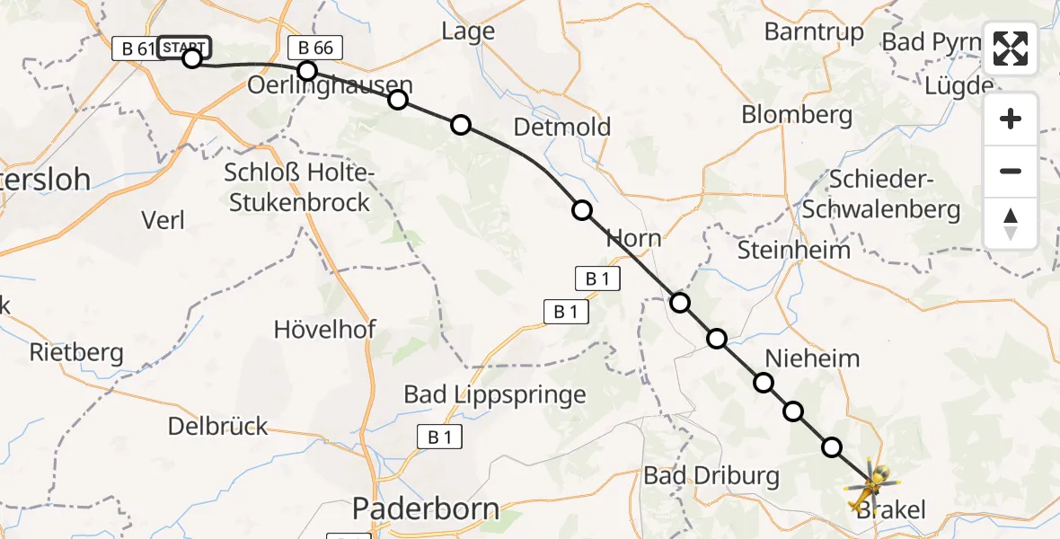 Flugroute Rettungshubschrauber Luftrettungszentrum Bielefeld - Brakel, 29 Juli 2026, 09:03