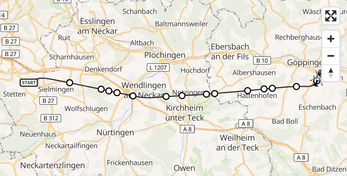 Flugroute Polizeihubschrauber Flughafen Stuttgart - Göppingen, 29 Juli 2026, 09:04